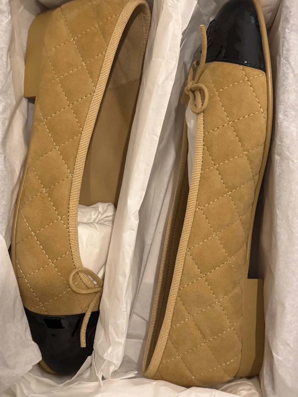Suede Quilted Ballerina Flats with Patent Cap Toe - Tan